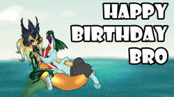 Size: 1280x711 | Tagged: safe, artist:juanrock, derpibooru import, oc, oc:razor graze, mermaid, pegasus, pony, blushing, clothes, duo, happy birthday, inner tube, league of legends, nami (league of legends), ocean, pants, pool toy, shipping, two toned mane, water