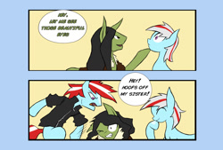 Size: 1280x863 | Tagged: safe, artist:juanrock, derpibooru import, oc, oc only, oc:aromatheropy, oc:cloud chaser, oc:razor graze, pony, brother and sister, comic, dialogue, female, hitting, male, siblings, speech bubble, two toned mane