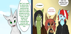 Size: 1280x620 | Tagged: safe, artist:juanrock, derpibooru import, oc, oc:altruism, oc:cloud chaser, oc:razor graze, oc:vermillion brush, pony, unicorn, blushing, comic, dialogue, heterochromia, speech bubble