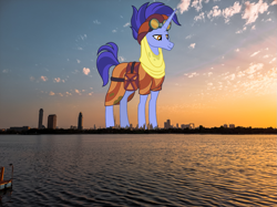 Size: 1307x980 | Tagged: safe, artist:koolfrood, derpibooru import, edit, editor:jaredking779, hoo'far, pony, saddle arabian, unicorn, bag, dubai, giant pony, goggles, highrise ponies, irl, macro, male, photo, ponies in real life, saddle bag, solo, stallion, story included, united arab emirates