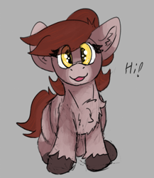 Size: 541x624 | Tagged: safe, artist:reddthebat, derpibooru import, oc, oc only, oc:novella (reddthebat), earth pony, pony, chest fluff, eye clipping through hair, female, filly, foal, gray background, looking at you, offspring, parent:oc:number nine, simple background, smiling, smiling at you, solo, talking to viewer, unshorn fetlocks