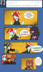 Size: 1279x2148 | Tagged: safe, artist:juanrock, derpibooru import, oc, oc only, oc:cloud chaser, oc:razor graze, oc:silk mirage, oc:vermillion brush, pony, unicorn, comic, cup, dialogue, heterochromia, knock out, magic, punch, speech bubble, tumblr