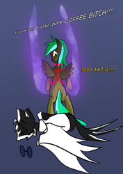 Size: 753x1062 | Tagged: safe, artist:juanrock, derpibooru import, oc, oc:charge, oc:vinetion, pegasus, pony, fanfic:three of me: school society, bat wings, bipedal, dumbbell (object), duo, female, freckles, glowing, in pain, male, mare, reference, stallion, street fighter, swearing, text, vulgar, weights, wings