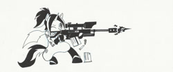 Size: 1024x429 | Tagged: safe, artist:juanrock, derpibooru import, oc, oc only, oc:aromatherapy, pony, unicorn, fanfic:three of me: school society, black and white, clothes, female, grayscale, gun, mare, monochrome, ponytail, scarf, sniper, solo, weapon