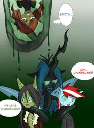 Size: 500x681 | Tagged: safe, artist:juanrock, derpibooru import, queen chrysalis, oc, oc:cloud chaser, oc:razor graze, oc:vermillion brush, changeling, pony, arm on shoulder, captured, cocoon, dialogue, female, glowing, glowing eyes, gradient background, green background, group, heterochromia, male, mare, mind control, simple background, stallion, two toned mane