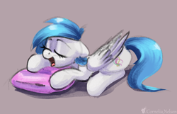 Size: 2476x1598 | Tagged: safe, artist:cornelia_nelson, derpibooru import, oc, oc only, oc:graceful motion, pegasus, pony, cute, eyelashes, eyes closed, folded wings, lying down, open mouth, pillow, simple background, sleeping, snoring, solo, wings