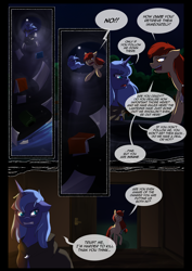 Size: 1240x1754 | Tagged: safe, artist:lunarcakez, derpibooru import, princess luna, oc, oc:scarlett rain, pony, comic:the origins of hollow shades, book, comic, s1 luna