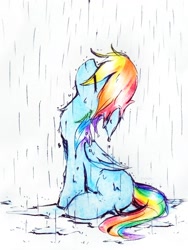 Size: 1744x2325 | Tagged: safe, artist:liaaqila, derpibooru import, rainbow dash, pegasus, pony, eyes closed, rain, simple background, sitting, solo, traditional art, wet, wet mane, white background