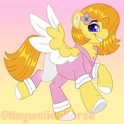 Size: 1600x1596 | Tagged: safe, artist:missbramblemele, derpibooru import, oc, oc only, oc:seneca, pegasus, pony, clothes, colored wings, female, gradient background, mare, solo, two toned wings, wings