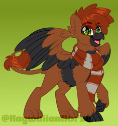 Size: 1600x1703 | Tagged: safe, artist:missbramblemele, derpibooru import, oc, oc only, oc:greyfeather, griffon, clothes, gradient background, male, scarf, solo