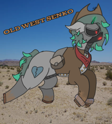 Size: 430x476 | Tagged: safe, artist:thomas.senko, derpibooru import, oc, g4, clothes, commissions open, cowboy, cowboy hat, desert, hat, horn, male, smiling, stallion, western