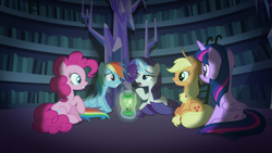 Size: 1920x1080 | Tagged: safe, derpibooru import, screencap, applejack, pinkie pie, rainbow dash, rarity, twilight sparkle, twilight sparkle (alicorn), alicorn, pony, scare master, firefly lamp, library, twilight's castle, twilight's castle library