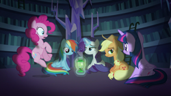 Size: 1920x1080 | Tagged: safe, derpibooru import, screencap, applejack, pinkie pie, rainbow dash, rarity, twilight sparkle, twilight sparkle (alicorn), alicorn, pony, scare master, firefly lamp, library, twilight's castle, twilight's castle library