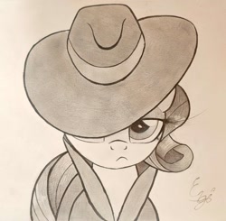 Size: 1764x1730 | Tagged: safe, artist:engi, derpibooru import, rarity, pony, unicorn, clothes, detective rarity, female, hat, pencil drawing, shadow spade, simple background, solo, traditional art