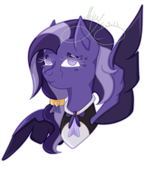 Size: 3485x3999 | Tagged: safe, artist:thecommandermiky, derpibooru import, oc, oc only, oc:miky command, pegasus, bust, clothes, hair accessory, hair tie, long mane, pegasus oc, purple eyes, purple hair, purple mane, simple background, solo, spots, spread wings, tied hair, transparent background, wings