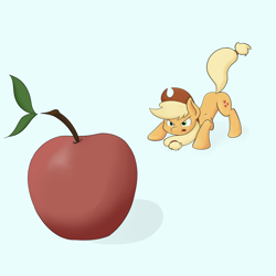 Size: 3600x3600 | Tagged: safe, artist:jellyworm, derpibooru import, applejack, earth pony, pony, apple, appletini, blue background, food, imminent pounce, micro, simple background, solo, that pony sure does love apples, tongue, tongue out