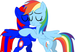 Size: 1411x976 | Tagged: safe, artist:stephen-fisher, derpibooru import, rainbow dash, oc, oc:stephen (stephen-fisher), pegasus, pony, eyes closed, female, hug, male, simple background, solo, transparent background