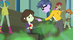 Size: 1280x714 | Tagged: safe, derpibooru import, screencap, blueberry pie, microchips, nolan north, scribble dee, sophisticata, equestria girls, rainbow rocks, angry, argument, bleachers, pointing