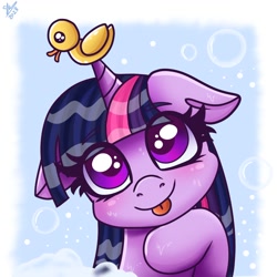 Size: 1280x1280 | Tagged: safe, artist:galaxy swirl, derpibooru import, twilight sparkle, twilight sparkle (alicorn), alicorn, pony, :p, bath, cute, ears, floppy ears, horn, horn impalement, rubber duck, solo, suds, tongue, tongue out, twiabetes, wet, wet mane