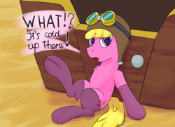 Size: 2229x1614 | Tagged: safe, artist:frilanka, derpibooru import, cherry berry, earth pony, pony, annoyed, aviator goggles, aviator hat, balloon, clothes, female, goggles, hat, hot air balloon, leaning, leaning back, looking at you, mare, raised leg, sitting, socks, solo, speech bubble, text, thigh highs