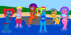 Size: 4624x2312 | Tagged: safe, artist:shiningblueshield, derpibooru import, oc, oc:flare spark, oc:jade harmony, oc:magic dash, oc:radiant rail, oc:royal strength, oc:teagan, human, equestria girls, bikini, clothes, pixelated, rock, solo, summer, swimsuit, wading, water