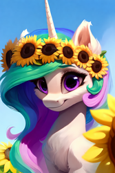 Size: 1024x1536 | Tagged: safe, ai content, derpibooru import, generator:pony diffusion v5, machine learning generated, princess celestia, alicorn, pony, bust, chest fluff, closed mouth, female, floral head wreath, flower, flower in hair, horn, light skin, long hair, mare, portrait, prompter:kalmar, purple eyes, simple background, smiling, sunflower, wreath