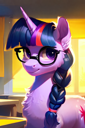 Size: 1024x1536 | Tagged: safe, ai content, derpibooru import, generator:pony diffusion v5, machine learning generated, twilight sparkle, unicorn twilight, pony, unicorn, alternate hairstyle, braid, bust, chest fluff, closed mouth, female, glasses, horn, looking at you, mare, portrait, prompter:kalmar, purple eyes, smiling, smiling at you
