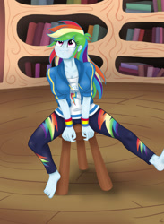 Size: 1280x1752 | Tagged: safe, artist:lennondash, derpibooru import, rainbow dash, human, equestria girls, testing testing 1-2-3, barefoot, clothes, cute, dashabetes, equestria girls interpretation, feet, female, golden oaks library, hoodie, leggings, scene interpretation, sitting, smiling, solo, stool, stooldash, wristband