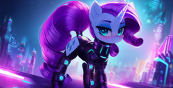 Size: 1000x512 | Tagged: safe, ai content, derpibooru import, generator:stable diffusion, machine learning generated, rarity, pony, robot, unicorn, cyberpunk, exoskeleton, future, long tail, looking at you, solo, tail, technology