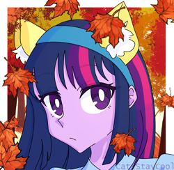 Size: 3529x3451 | Tagged: safe, artist:cattstaycool, derpibooru import, twilight sparkle, human, equestria girls, autumn, autumn leaves, bust, ear fluff, ears, eyebrows, eyebrows visible through hair, fake ears, female, frown, hairband, high res, leaves, looking at you, portrait, signature, solo