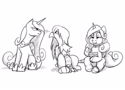 Size: 3500x2500 | Tagged: safe, artist:captainhoers, derpibooru import, princess cadance, princess flurry heart, oc, alicorn, griffon, pony, canon x oc, female, glare, grayscale, griffon oc, lesbian, looking at each other, looking at someone, mare, monochrome, narrowed eyes, older, older flurry heart, shipping, simple background, trio, white background