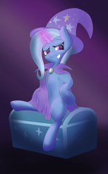 Size: 4000x6425 | Tagged: safe, artist:jellyworm, derpibooru import, trixie, pony, belly, belly button, brooch, cape, chest fluff, clothes, female, glowing, glowing horn, horn, jewelry, mare, quadrupedal, sitting, solo, trixie's brooch