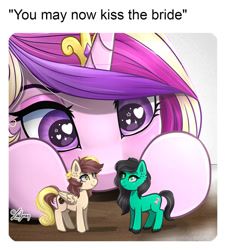 Size: 1024x1134 | Tagged: safe, artist:lailyren, derpibooru import, princess cadance, oc, alicorn, earth pony, pegasus, commission, female, heart, heart eyes, mare, meme, now kiss, oc x oc, ponified, ponified animal photo, ponified meme, shipping, toy, wingding eyes, ych result