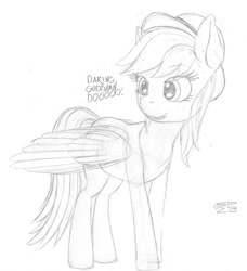 Size: 1200x1318 | Tagged: safe, artist:styroponyworks, derpibooru import, daring do, pegasus, pony, female, happy, hat, mare, open mouth, partially open wings, sketch, solo, standing, traditional art, wings