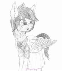 Size: 2010x2325 | Tagged: safe, artist:styroponyworks, derpibooru import, oc, oc only, oc:slumber tea, bat pony, pony, bat wings, clothes, dress, ear fluff, ears, female, folded wings, freckles, mare, open mouth, sketch, solo, standing, traditional art, wings