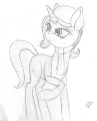 Size: 820x1020 | Tagged: safe, artist:styroponyworks, derpibooru import, trixie, pony, unicorn, clothes, female, happy, hat, horn, mare, scarf, sketch, smiling, solo, standing, traditional art