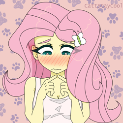 Size: 3201x3206 | Tagged: safe, artist:cattstaycool, derpibooru import, fluttershy, equestria girls, blushing, breasts, cleavage, clothes, cute, fingers together, looking down, patterned background, sad, sadorable, shyabetes, simple background, social anxiety, tanktop, teary eyes