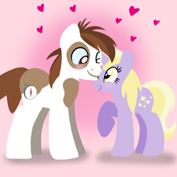 Size: 1400x1400 | Tagged: safe, artist:mlplary6, derpibooru import, dinky hooves, pipsqueak, earth pony, pony, unicorn, blushing, boyfriend and girlfriend, dinkysqueak, female, heart, looking at each other, looking at someone, love, male, mare, older, older dinky hooves, older pipsqueak, shipping, smiling, smiling at each other, stallion, straight