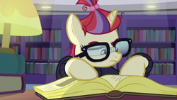 Size: 1280x720 | Tagged: safe, screencap, moondancer, pony, unicorn, amending fences, g4, season 5, bookshelf, canterlot library, clothes, female, female focus, glasses, horn, lap, library, light, mare, moon dancer's book, moondancer's glasses, reading, reading lamp, s05, solo, solo female, solo focus, sweater