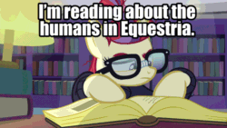 Size: 960x540 | Tagged: safe, edit, edited screencap, editor:undeadponysoldier, screencap, moondancer, pony, unicorn, amending fences, book, clothes, female, glasses, humans in equestria, implied human, interested, intrigued, lamp, library, mare, reading, solo, sweater, tape, text