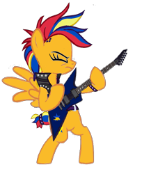 Size: 815x1000 | Tagged: safe, artist:mlpfan3991, derpibooru import, oc, oc only, oc:flare spark, pegasus, pony, alternate hairstyle, bipedal, clothes, electric guitar, eyes closed, female, guitar, mare, multicolored hair, musical instrument, playing instrument, rock (music), simple background, solo, transparent background, vest