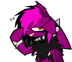 Size: 1202x1040 | Tagged: safe, artist:xxv4mp_g4z3rxx, derpibooru import, oc, oc only, oc:violet valium, bat pony, pony, bags under eyes, clothes, collar, emo, fangs, hoodie, hospital band, red eyes, scar, simple background, smiling, solo, spiked collar, spiked wristband, two toned mane, white background, wristband