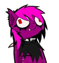 Size: 962x1032 | Tagged: safe, artist:xxv4mp_g4z3rxx, derpibooru import, oc, oc only, oc:violet valium, bat pony, pony, bags under eyes, clothes, collar, emo, fangs, hoodie, hospital band, red eyes, scar, simple background, smiling, solo, spiked collar, two toned mane, wall eyed, white background