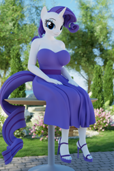 Size: 3840x5760 | Tagged: safe, artist:hunterz263, derpibooru import, rarity, anthro, plantigrade anthro, 3d, 5k, blender, breasts, clothes, dress, feet, flower, high heels, looking at you, nexgen, not sfm, outdoors, raritits, shoes, table, tree