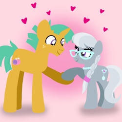 Size: 1400x1400 | Tagged: safe, artist:mlplary6, derpibooru import, silver spoon, snails, earth pony, pony, unicorn, boyfriend and girlfriend, female, glasses, heart, looking at each other, looking at someone, love, male, mare, older, older silver spoon, older snails, shipping, smiling, smiling at each other, snailspoon, stallion, straight