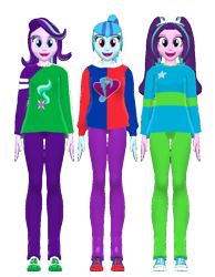 Size: 560x720 | Tagged: safe, artist:ardoplasma41, artist:creatorofpony, artist:karlo-habagat, artist:kurauchi, derpibooru import, aria blaze, sonata dusk, starlight glimmer, equestria girls, 3d, clothes, front view, hoodie, mmd, pants, shirt, shoes, simple background, sneakers, sonataria, t-shirt, transparent background