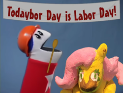 Size: 1440x1080 | Tagged: safe, artist:fluttershywheresheshouldntbe, derpibooru import, edit, fluttershy, pegasus, pony, duo, female, holiday, homestar runner, labor day, mare