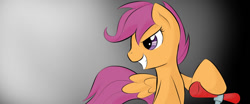 Size: 1200x500 | Tagged: safe, artist:dshou, derpibooru import, scootaloo, pegasus, pony, bust, female, filly, foal, gradient background, grin, scooter, smiling, solo