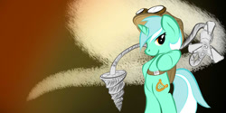 Size: 1000x500 | Tagged: safe, artist:dshou, derpibooru import, lyra heartstrings, pony, unicorn, backpack, bipedal, drill, female, hat, mare, mechanic, robotic arm, solo