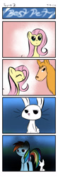 Size: 1000x3050 | Tagged: safe, artist:dshou, derpibooru import, angel bunny, fluttershy, rainbow dash, llama, pony, rabbit, 4 panel comic, 4koma, animal, comic, female, mare, textless, unamused